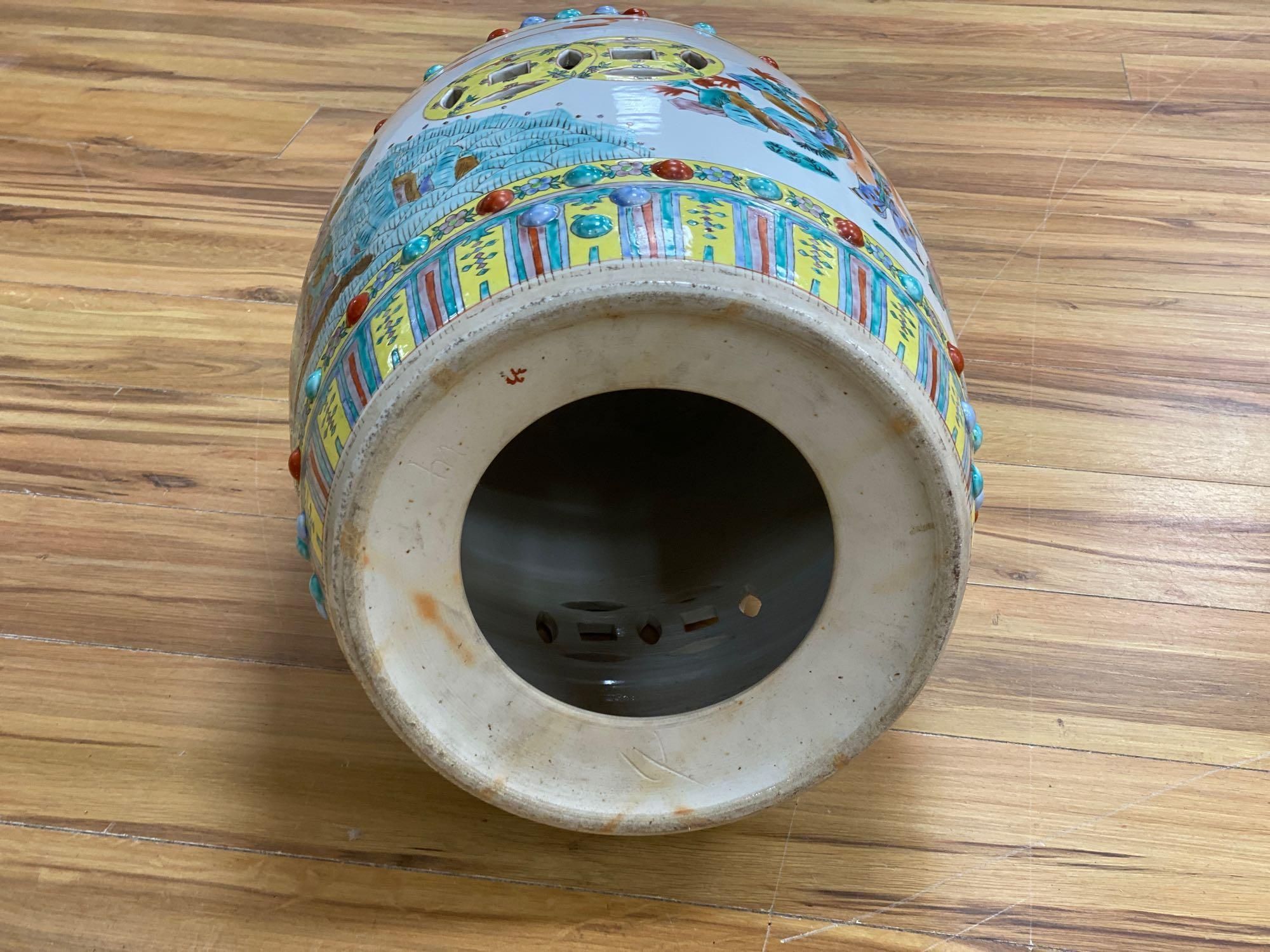 A Canton polychrome-decorated ceramic garden seat, 48cm high